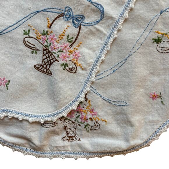 Art Deco Dresser Scarf table runner white cotton hand embroidery & crochet trim - Picture 7 of 8